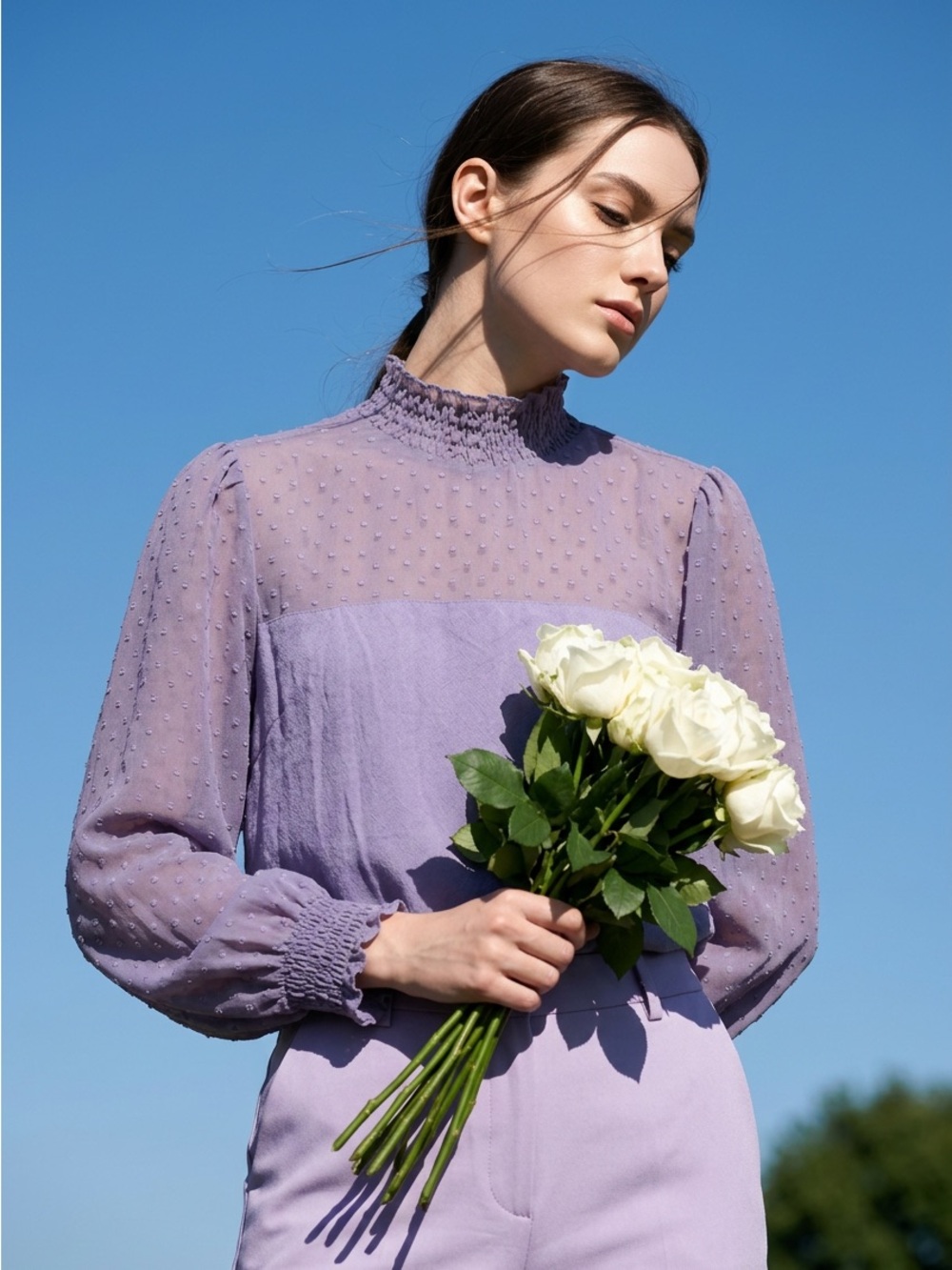 W5 Lavender Swiss-Dot Sheer Sleeve Blouse